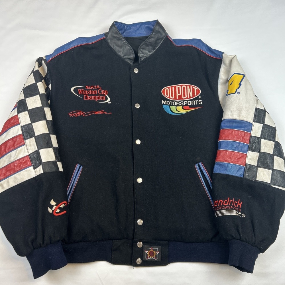 Nascar Jacket Mens L Leather Jeff Hamilton Gordon 24 Reversible Checkered Sleeve